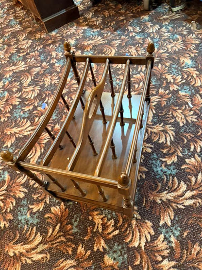 Vintage Wooden Magazine Rack Table With Drawer Rolling Casters Solid Wood