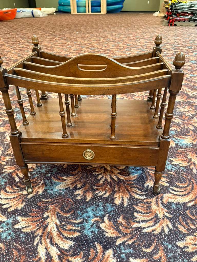 Vintage Wooden Magazine Rack Table With Drawer Rolling Casters Solid Wood