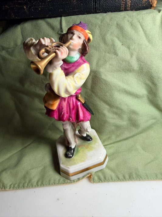 Vintage Porcelain Trumpet Player Figurine Hand Painted Ceramic Musician Statue