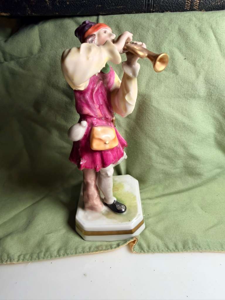 Vintage Porcelain Trumpet Player Figurine Hand Painted Ceramic Musician Statue