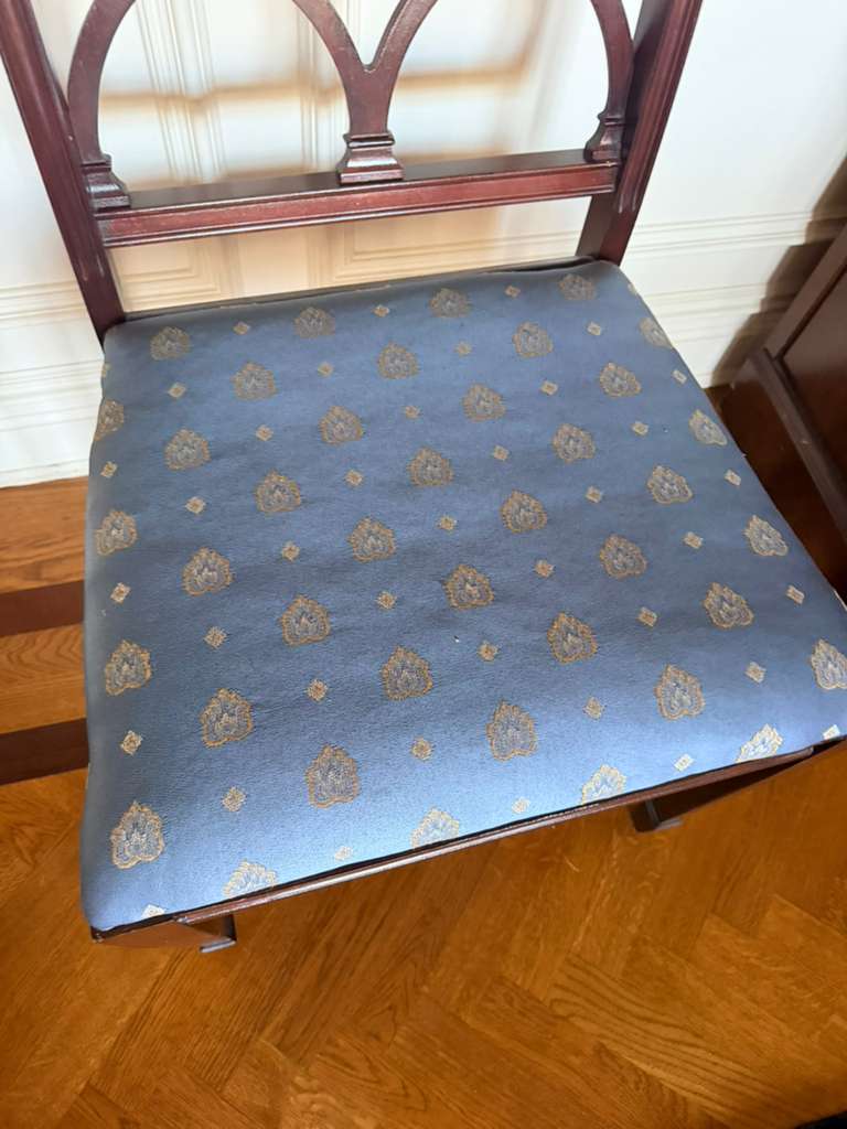 Set Of 4 Modern Inlaid Mahogany Dining Room Chairs with Dark Walnut Finish & Blue Upholstered Seats