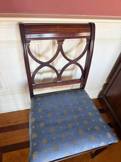 Set Of 4 Modern Inlaid Mahogany Dining Room Chairs with Dark Walnut Finish & Blue Upholstered Seats