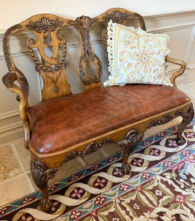 Maitland-Smith Hand-Carved Wooden Bench with Leather Seat