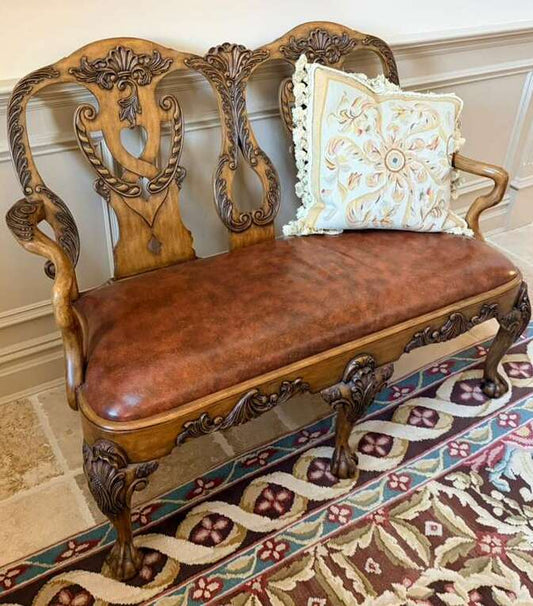 Maitland-Smith Hand-Carved Wooden Bench with Leather Seat