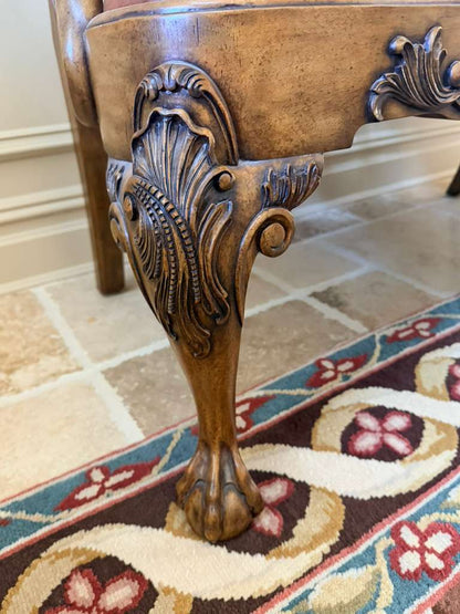 Maitland-Smith Hand-Carved Wooden Bench with Leather Seat