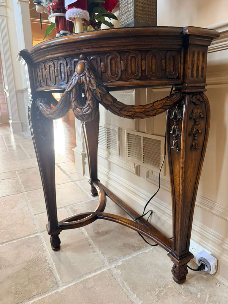 Vintage Demi-Lune Wooden Console Table with Ornate Hand-Carved Details