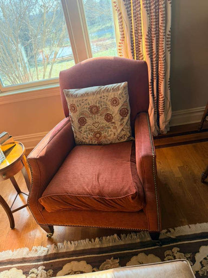 Vintage Rust Fabric Accent Armchairs | Set of 2 Matching Classic Nailhead Chairs