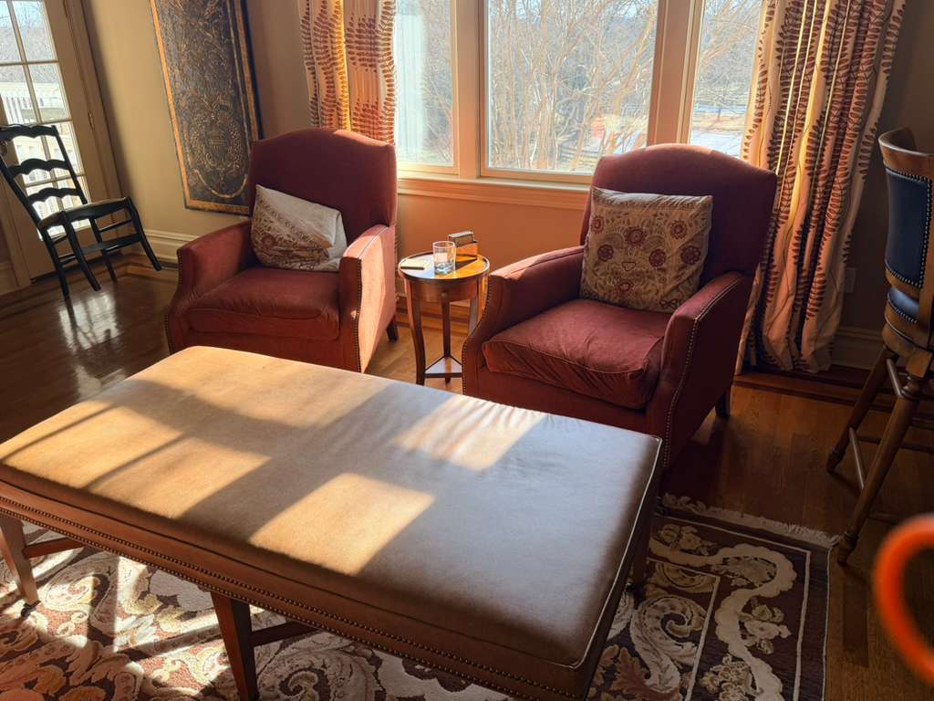 Vintage Rust Fabric Accent Armchairs | Set of 2 Matching Classic Nailhead Chairs