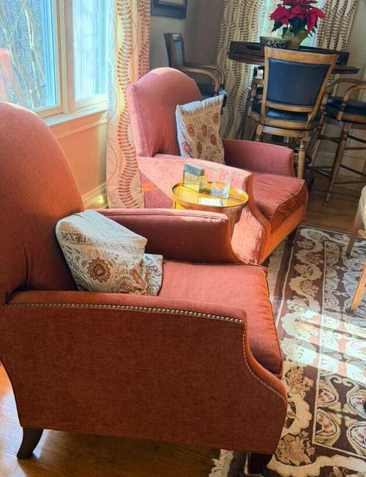 Vintage Rust Fabric Accent Armchairs | Set of 2 Matching Classic Nailhead Chairs