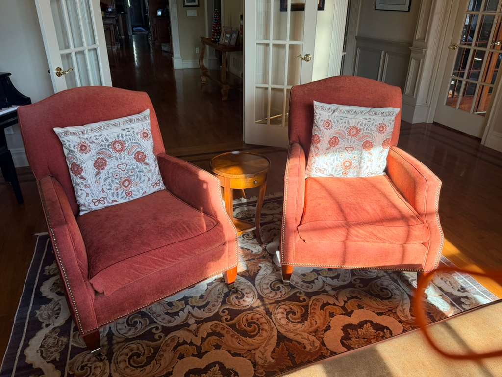 Vintage Rust Fabric Accent Armchairs | Set of 2 Matching Classic Nailhead Chairs