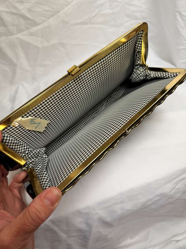 Vintage Black Patent Clutch Purse w/ Gold Scalloped Frame & Gingham Lining 1960s