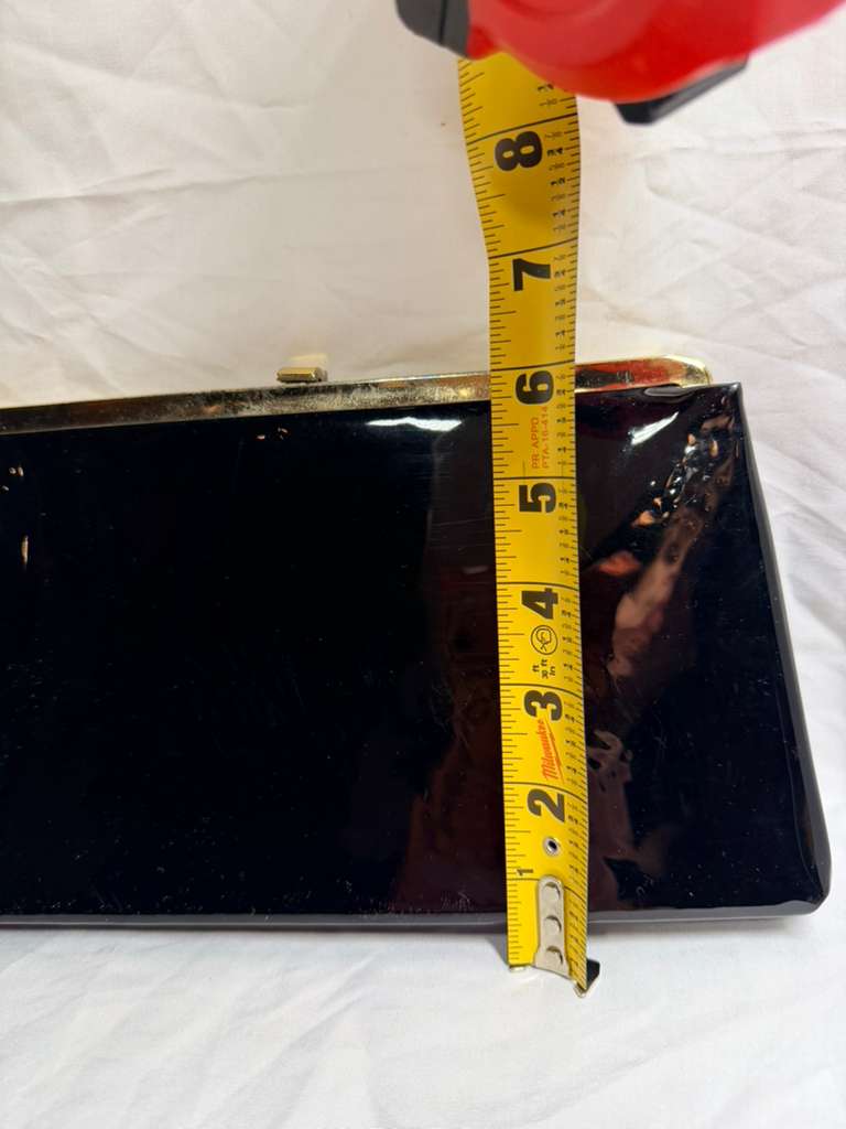 Vintage Black Patent Clutch Purse w/ Gold Scalloped Frame & Gingham Lining 1960s