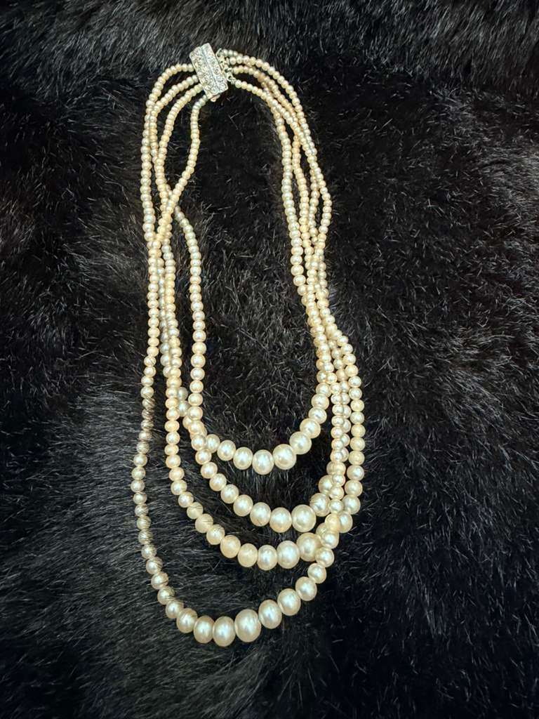 Vintage Multi-Strand Pearl Necklace | Made in Japan | Rhinestone Clasp Mid-Century Jewelry