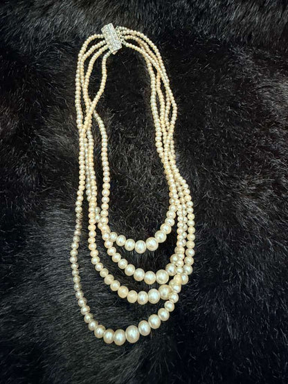 Vintage Multi-Strand Pearl Necklace | Made in Japan | Rhinestone Clasp Mid-Century Jewelry