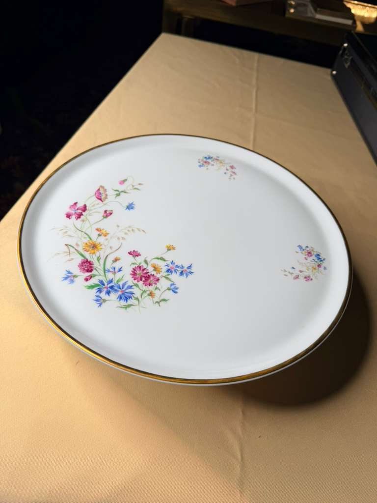 Tharaud Limoges French Porcelain Pedestal Cake Stand Floral Gold Rim ~13”