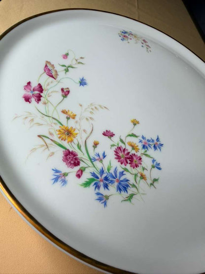 Tharaud Limoges French Porcelain Pedestal Cake Stand Floral Gold Rim ~13”