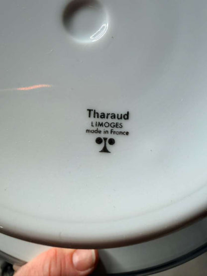 Tharaud Limoges French Porcelain Pedestal Cake Stand Floral Gold Rim ~13”