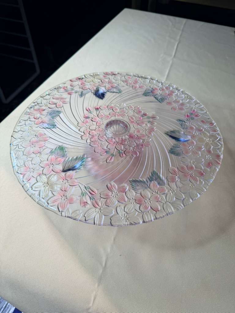 Vintage Pink Floral Glass Pedestal Cake Stand | Embossed Flower Design
