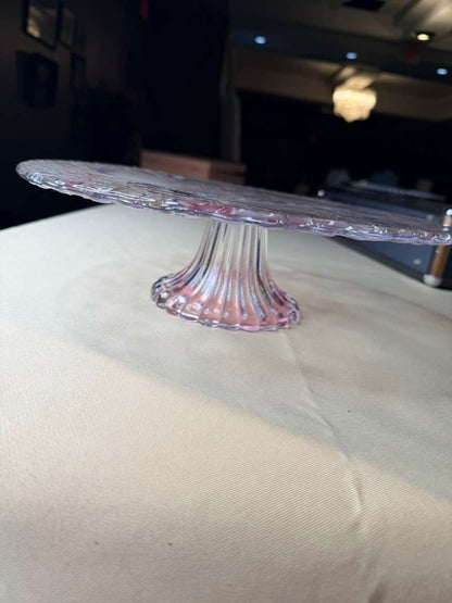 Vintage Pink Floral Glass Pedestal Cake Stand | Embossed Flower Design