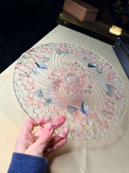 Vintage Pink Floral Glass Pedestal Cake Stand | Embossed Flower Design