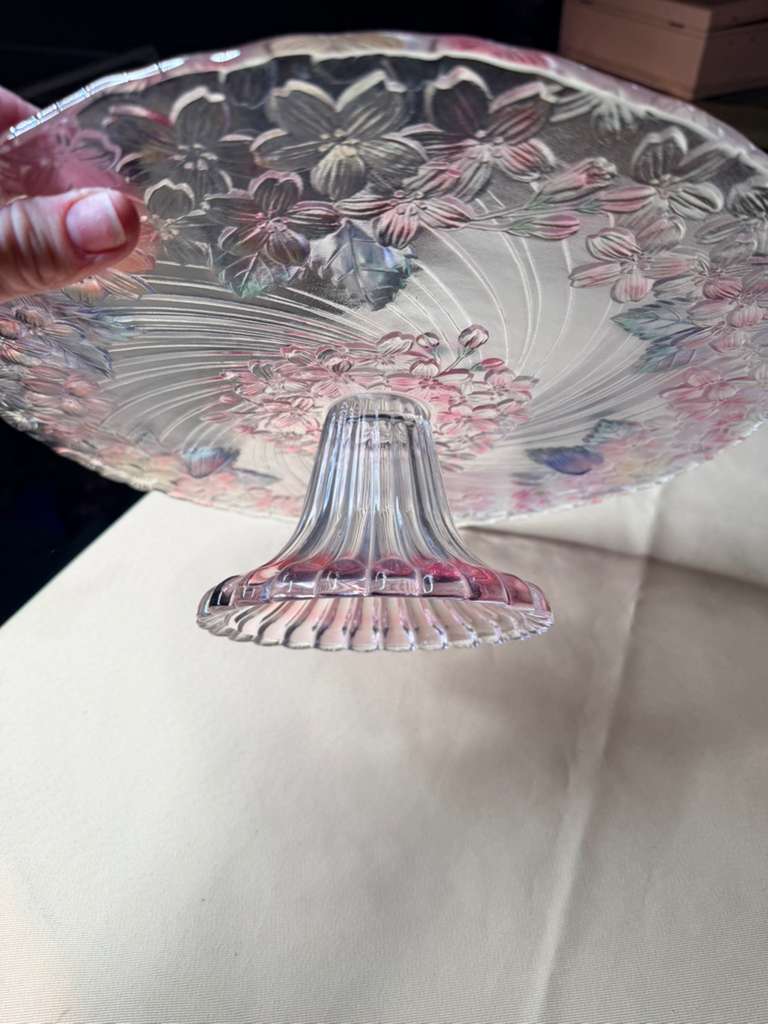 Vintage Pink Floral Glass Pedestal Cake Stand | Embossed Flower Design