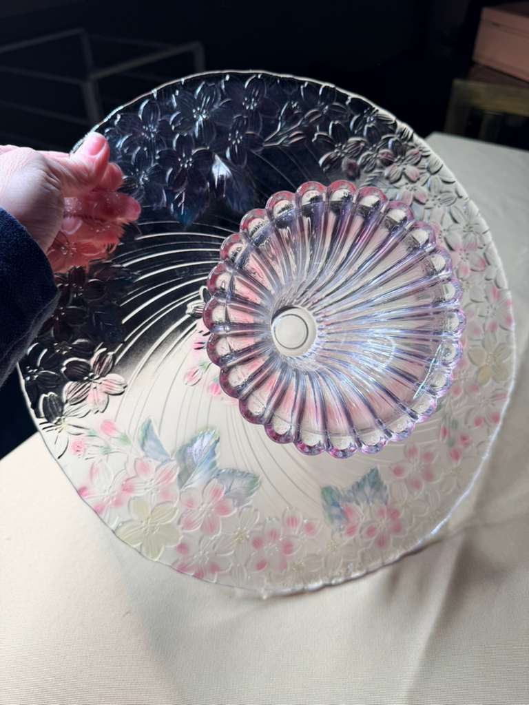 Vintage Pink Floral Glass Pedestal Cake Stand | Embossed Flower Design