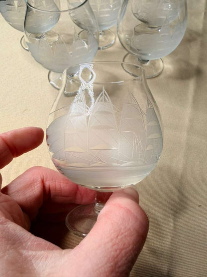 Vintage Etched Nautical Brandy Snifter Glasses | Sailing Ship Design | Set of 6