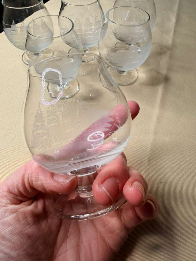 Vintage Etched Nautical Brandy Snifter Glasses | Sailing Ship Design | Set of 6
