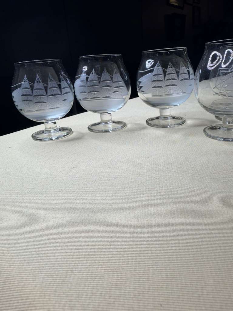 Vintage Etched Nautical Brandy Snifter Glasses | Sailing Ship Design | Set of 6