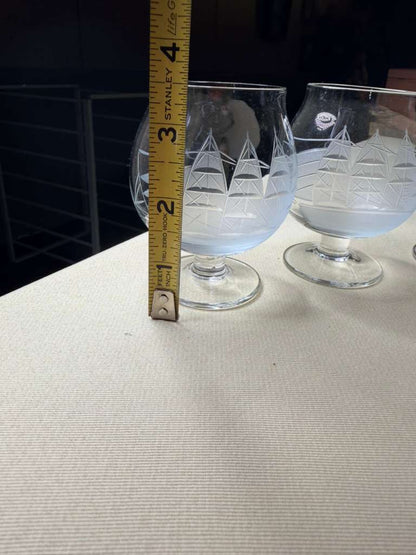Vintage Etched Nautical Brandy Snifter Glasses | Sailing Ship Design | Set of 6