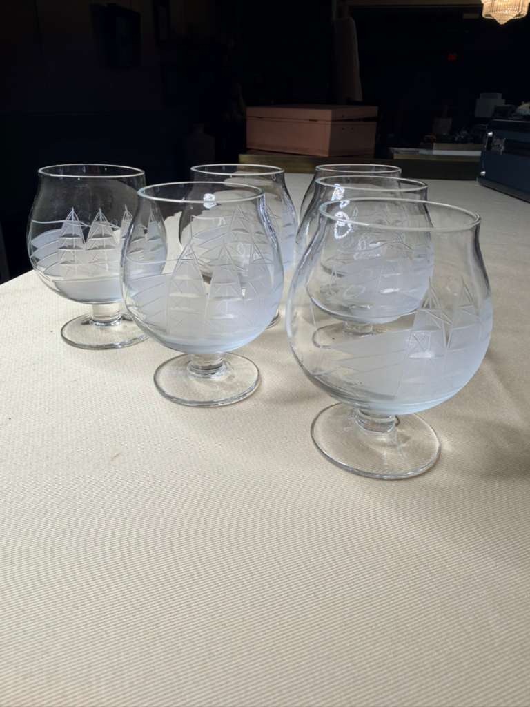 Vintage Etched Nautical Brandy Snifter Glasses | Sailing Ship Design | Set of 6