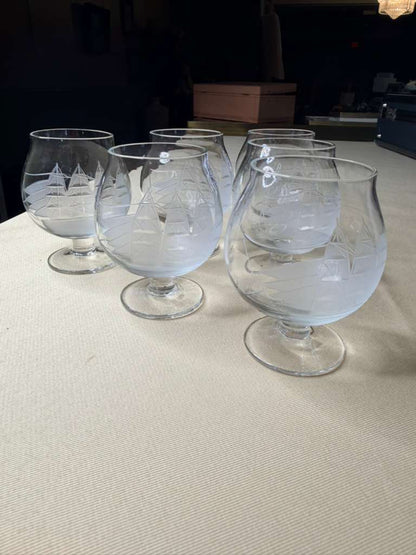 Vintage Etched Nautical Brandy Snifter Glasses | Sailing Ship Design | Set of 6