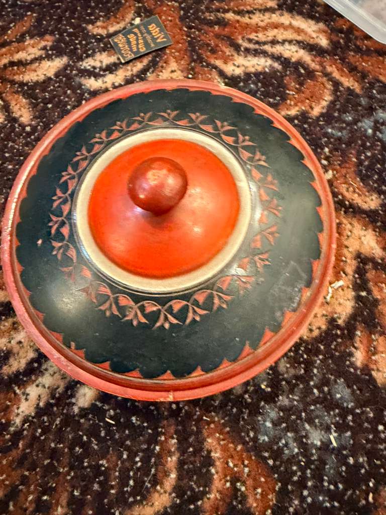 Antique Wooden Lacquerware Round Box Original Old Hand Carved