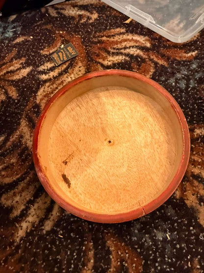 Antique Wooden Lacquerware Round Box Original Old Hand Carved