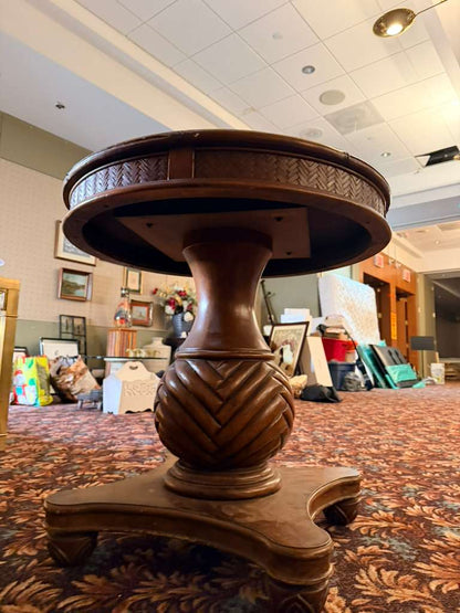 Vintage Tommy Bahama Solid Wood Round Pedestal Table Woven Top Mid Century Style