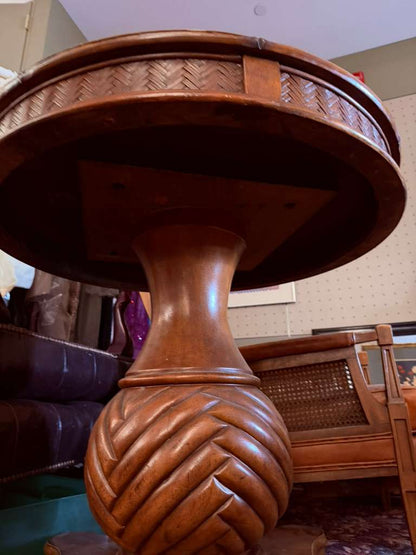 Vintage Tommy Bahama Solid Wood Round Pedestal Table Woven Top Mid Century Style