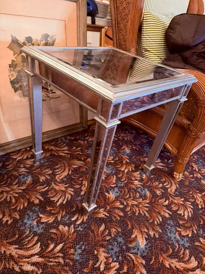 Mirrored Glass Console Table Silver Finish Hollywood Regency Accent Entryway Tab