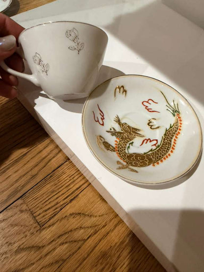 Hand-Painted Dragon Designed Vintage Japanese Porcelain Tea Cup & Saucer Set