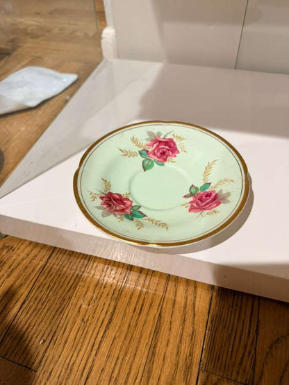 Vintage Green Floral Rose Desig Royal Bone China Tea Cup & Saucer