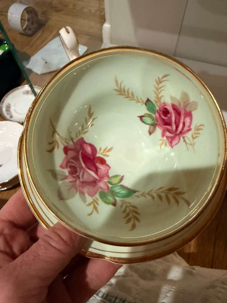 Vintage Green Floral Rose Desig Royal Bone China Tea Cup & Saucer