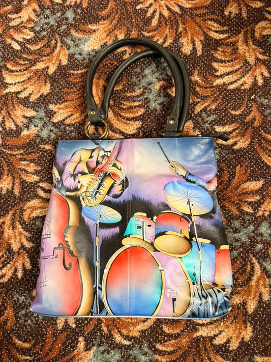 Anuschka Jazz Large Handbag Tote Purse Drums Instruments Hand Painted