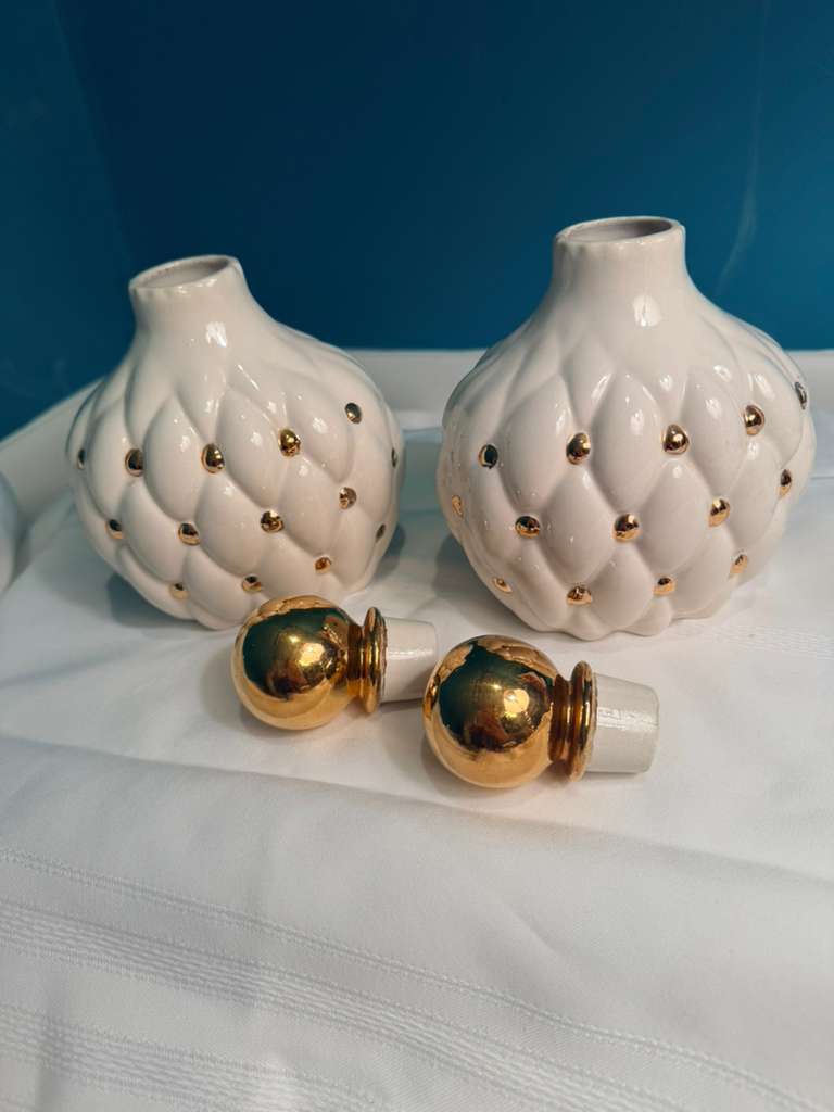 Pair of 1970s Holland Mold Tufted Ceramic Vanity Vase With Top