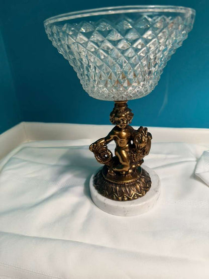 Vtg Cherub On Koi Fish Marble Base Candy Dish Gold Patina Art Deco Victorian