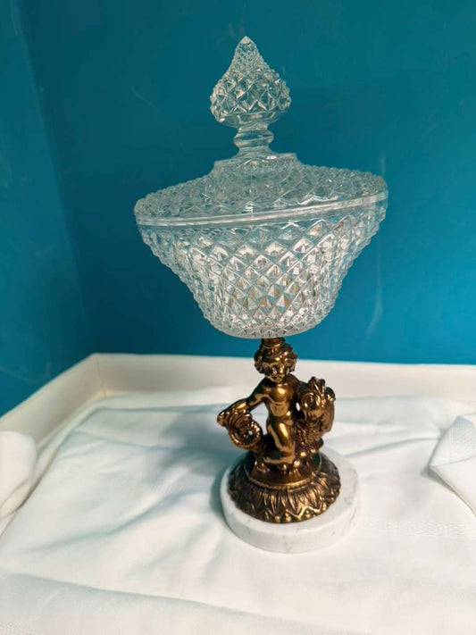 Vtg Cherub On Koi Fish Marble Base Candy Dish Gold Patina Art Deco Victorian