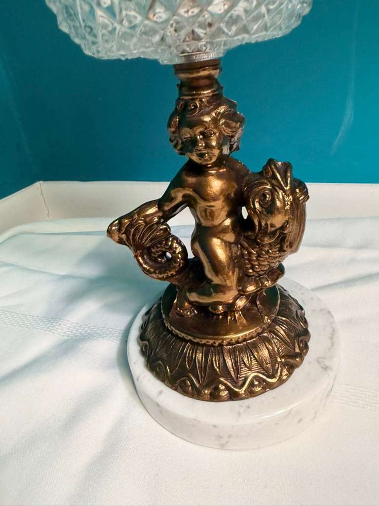 Vtg Cherub On Koi Fish Marble Base Candy Dish Gold Patina Art Deco Victorian