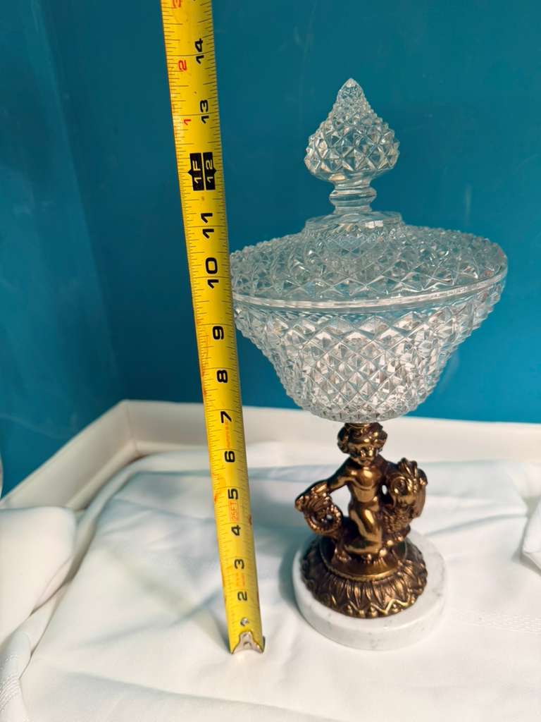 Vtg Cherub On Koi Fish Marble Base Candy Dish Gold Patina Art Deco Victorian