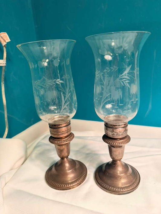 Pair Vintage Glass Candle Holders Etched Floral Sterling Weighted Base