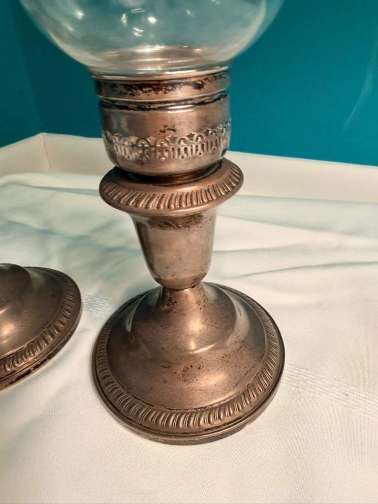 Pair Vintage Glass Candle Holders Etched Floral Sterling Weighted Base