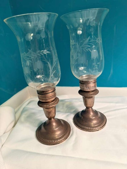 Pair Vintage Glass Candle Holders Etched Floral Sterling Weighted Base