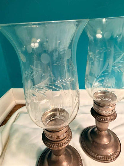 Pair Vintage Glass Candle Holders Etched Floral Sterling Weighted Base